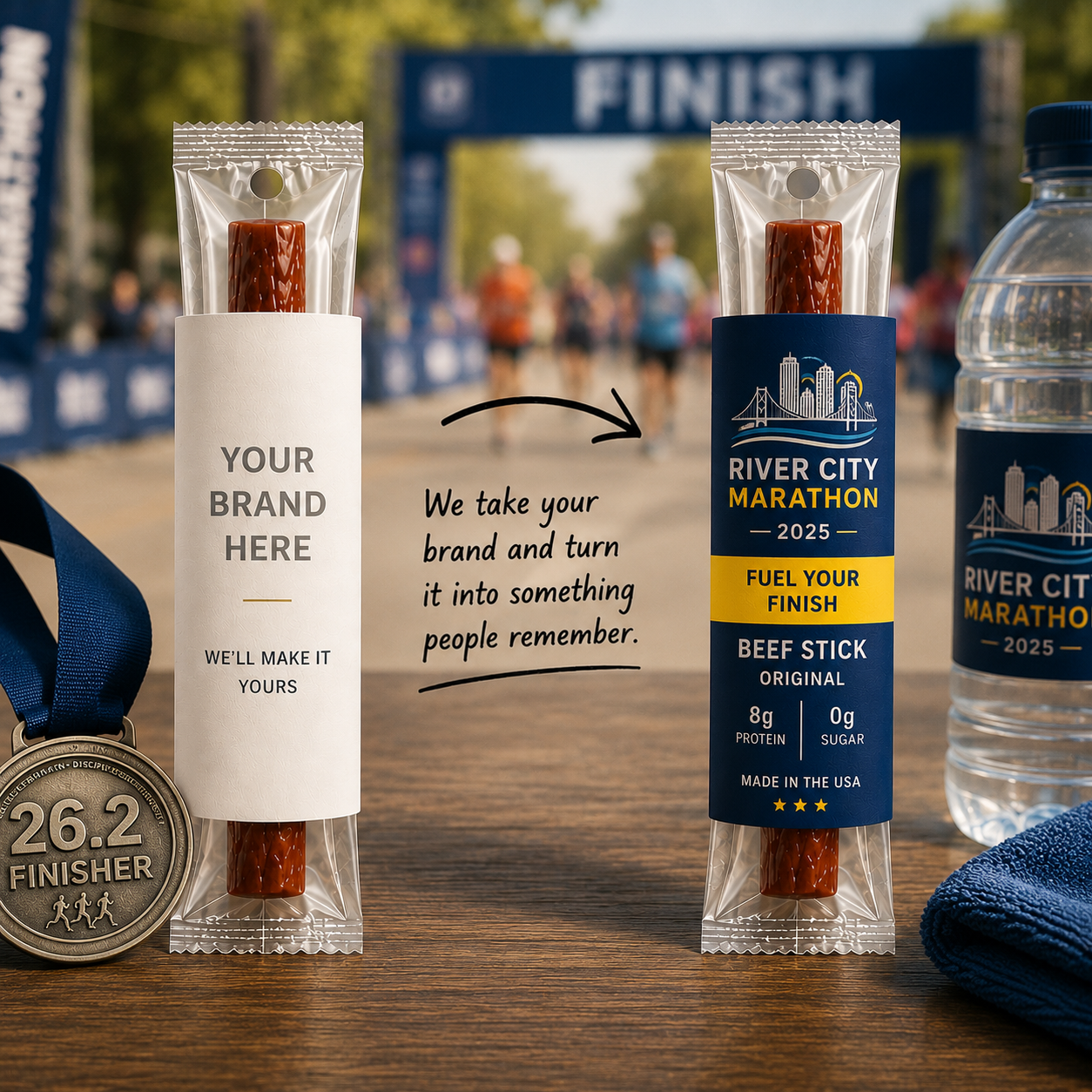 Two meat sticks at a marathon finish line — one plain sleeve, one custom River City Marathon 2025 sleeve.