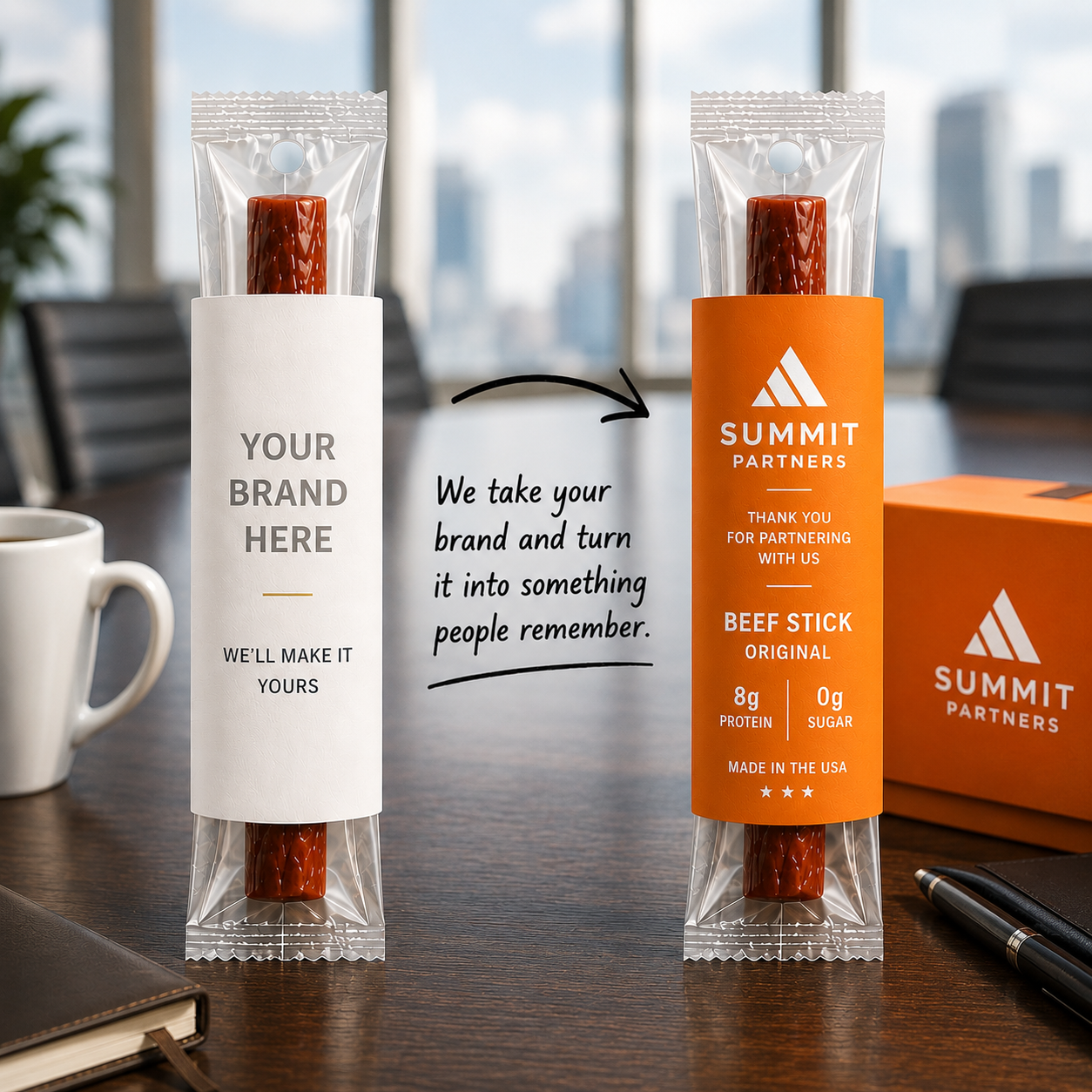 Two meat sticks in a boardroom — one plain sleeve, one custom orange Summit Partners sleeve.
