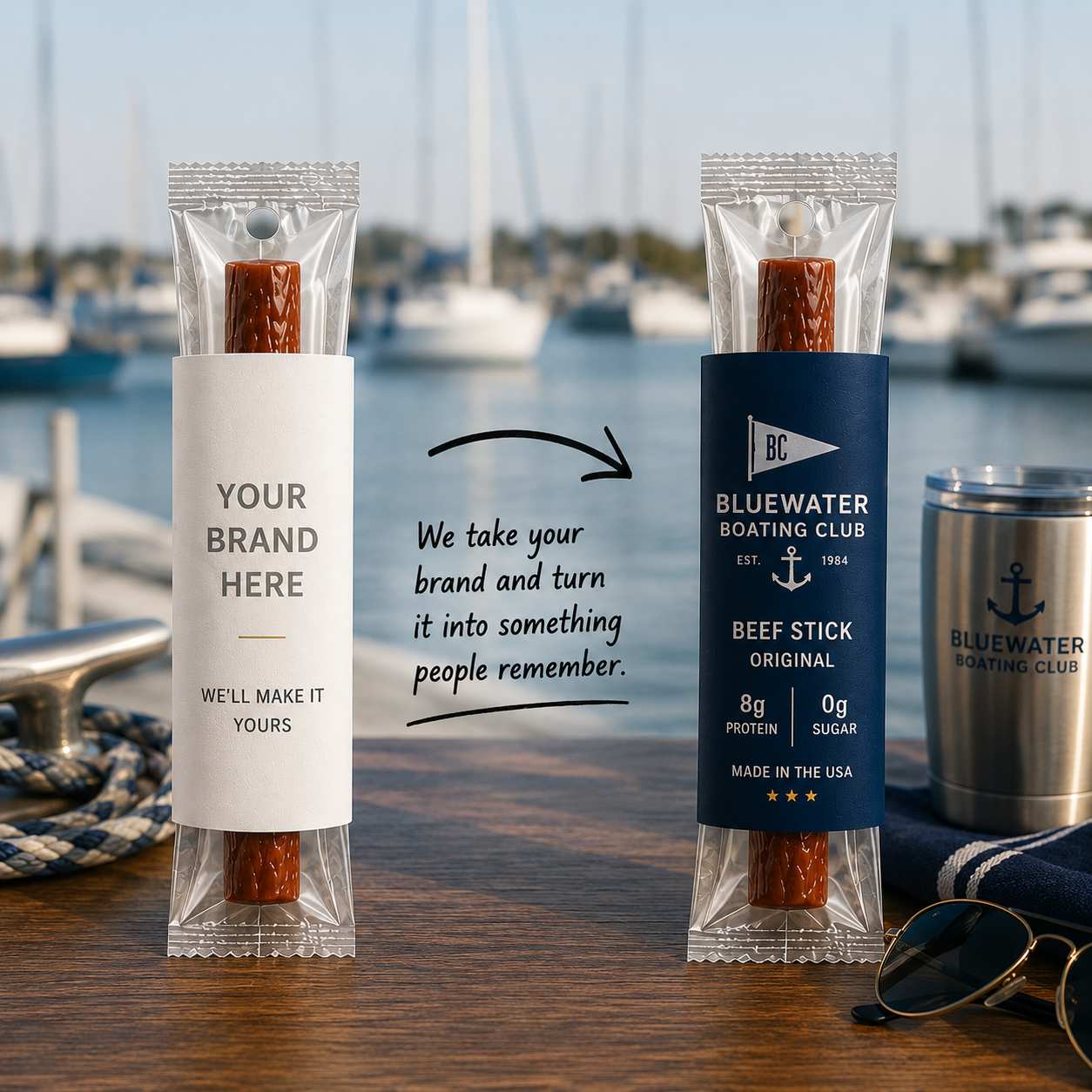 Two meat sticks at a marina — one plain sleeve, one custom Bluewater Boating Club sleeve.