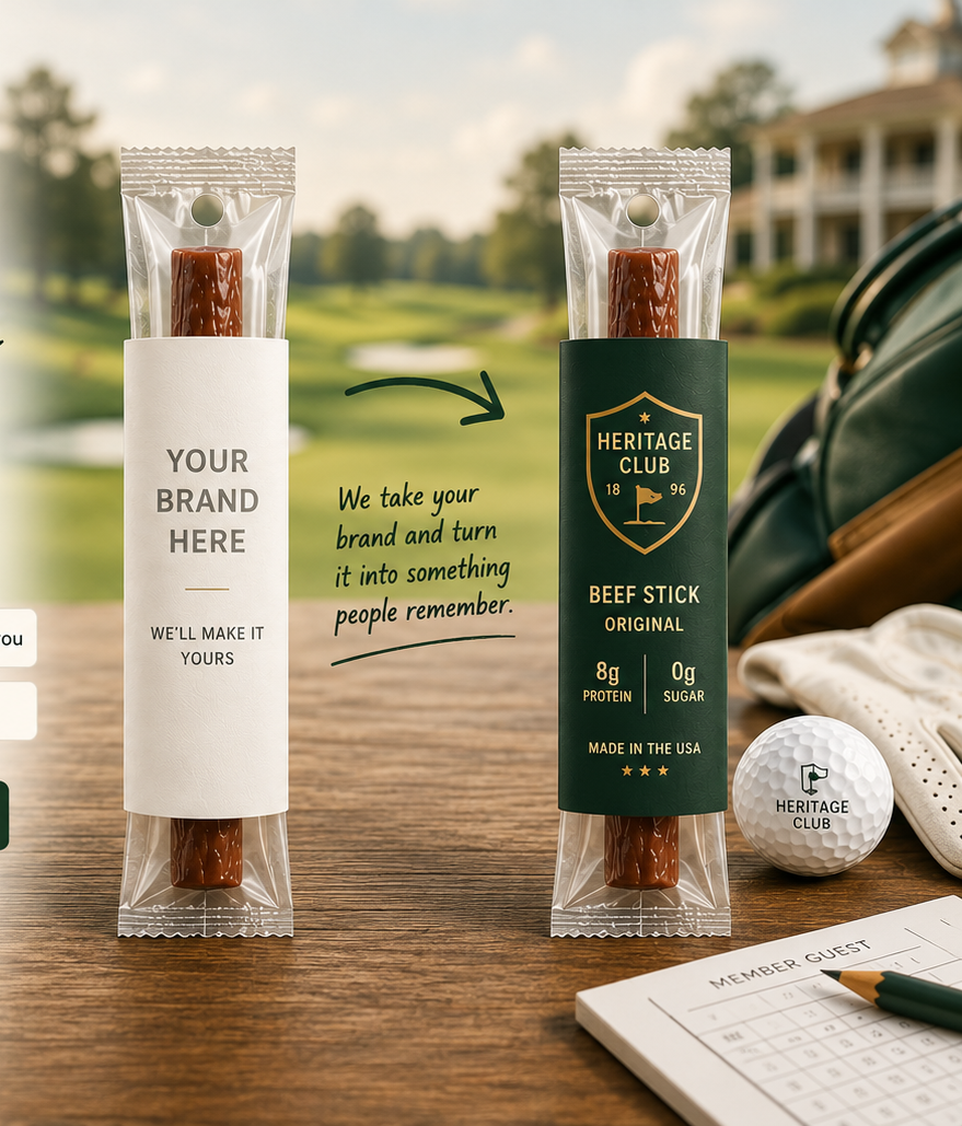 Two meat sticks — one plain 'Your Brand Here' sleeve, one custom Heritage Club green sleeve — on a wood table with a blurred golf course.
